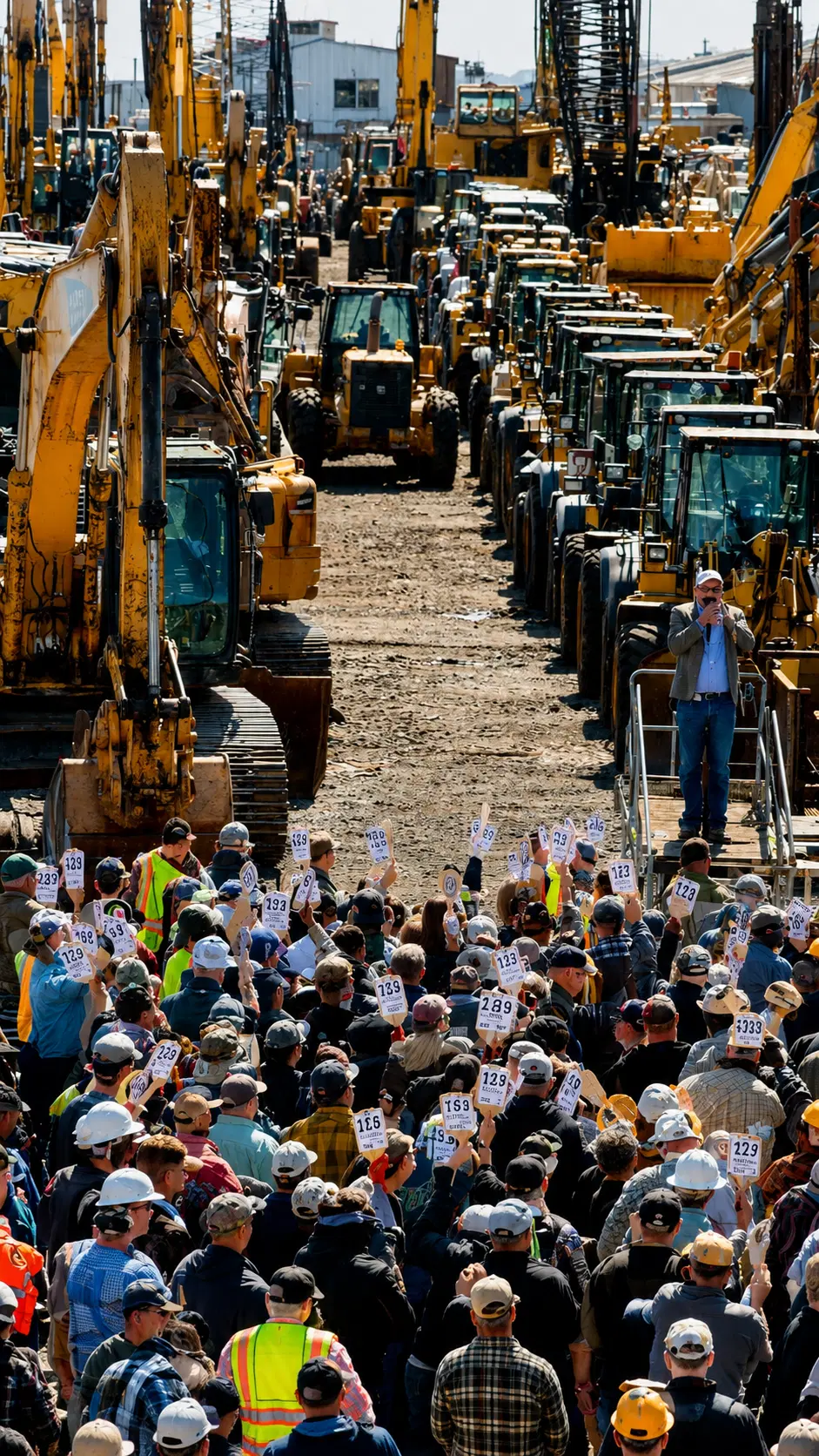 Crowd of bidders raising paddles at a packed live equipment auction