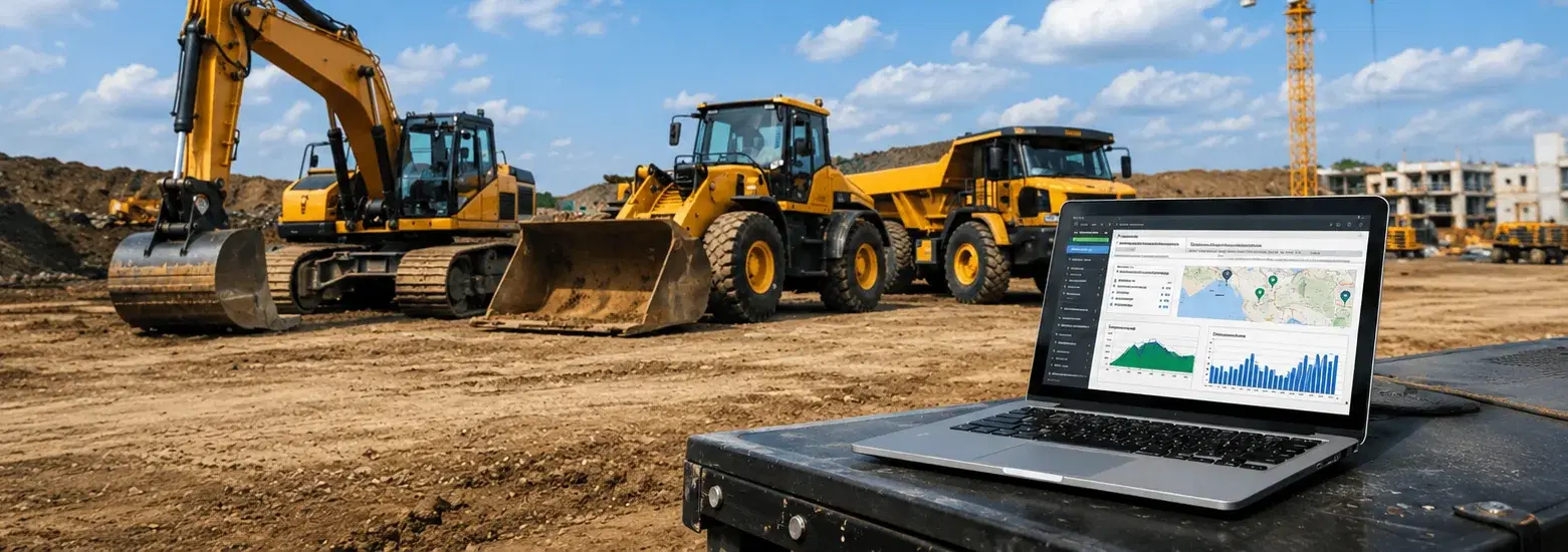 Construction machinery on site with a live inspection dashboard on a laptop