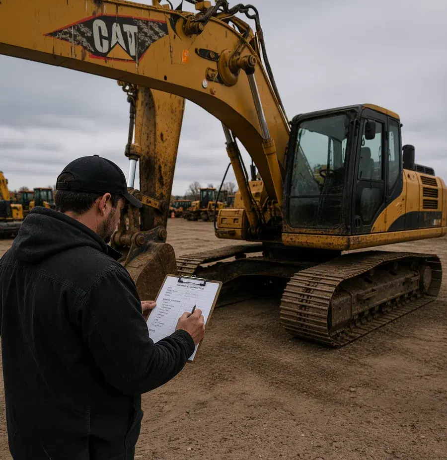 Field inspector reviewing a CAT excavator on site