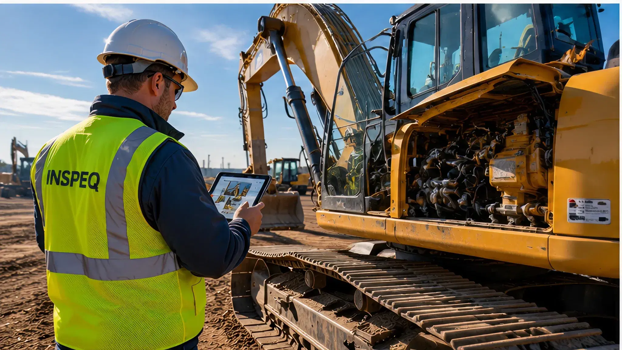 Field inspector reviewing heavy equipment condition